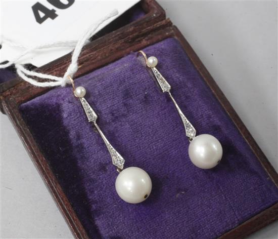 A pair of cultured pearl and diamond drop earrings, 1.5in.